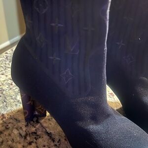 Louis Vuitton Black Sock Booties with Monogram Block Heel